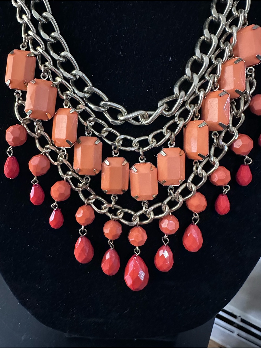 VN125- Layer Bib Necklace Orange Coral Gold tone chain
